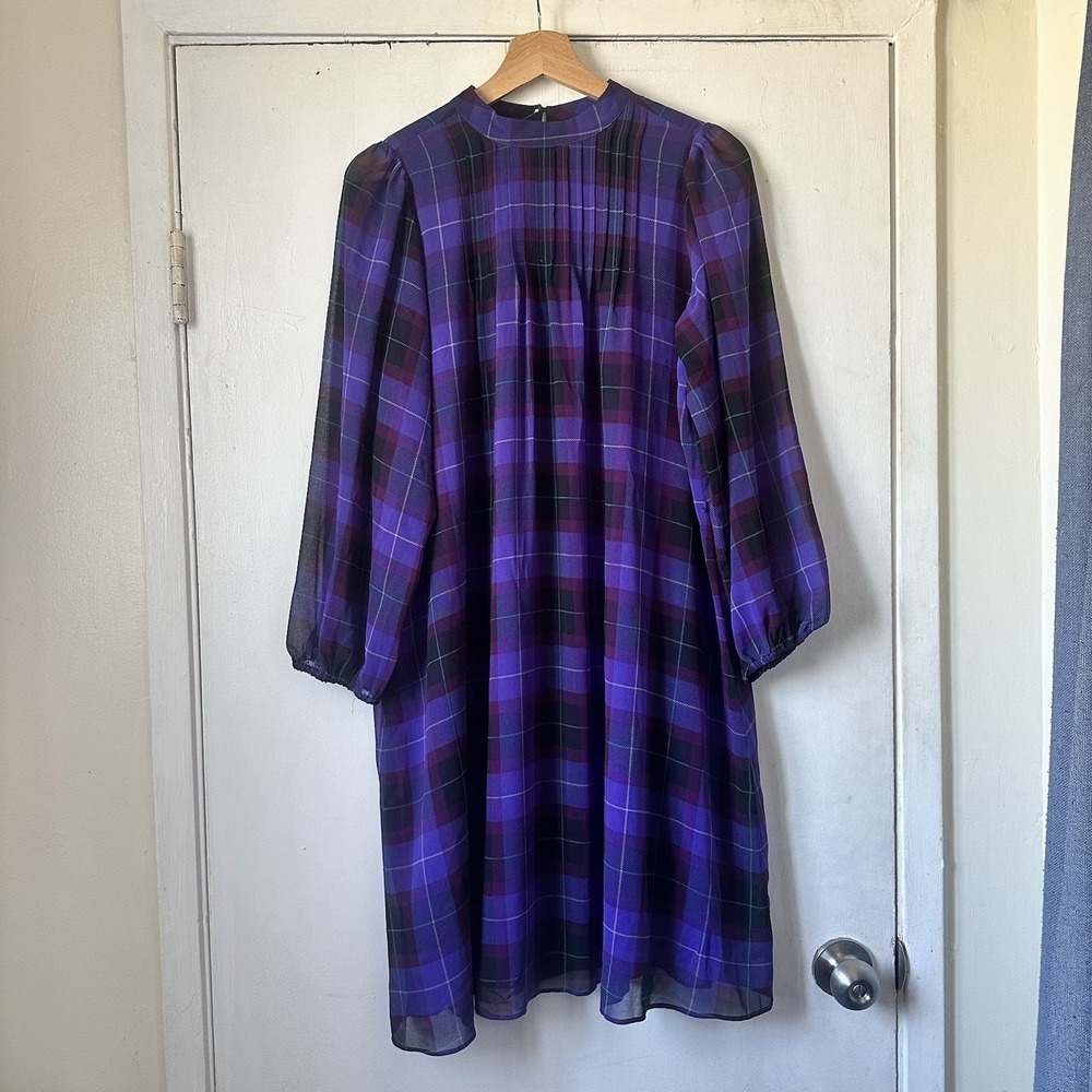 Ann Taylor Purple Plaid Chiffon Dress Modest Whimsigoth CottageCore Size Med NWT